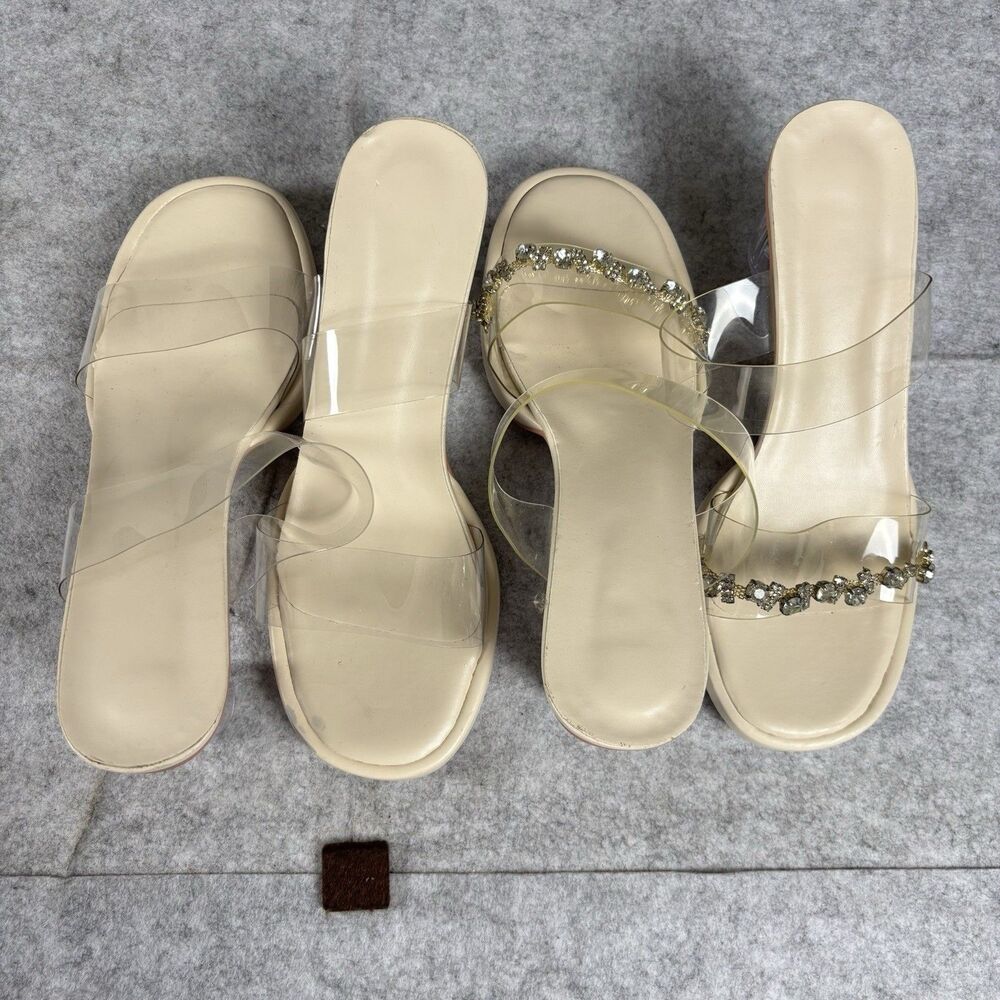 Clear PVC Block Heel Mule Sandals Womens Size 38 Lot of 2 Rhinestone Nude